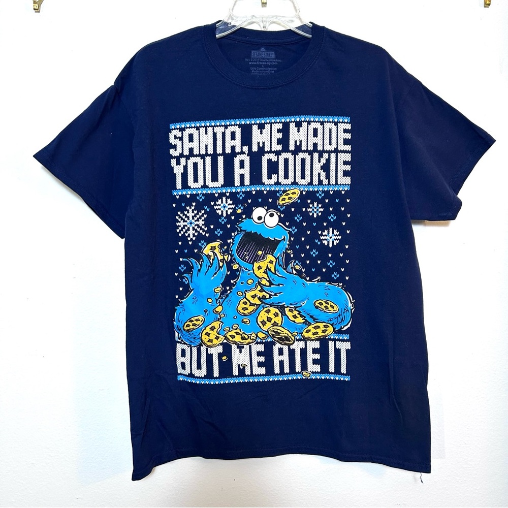 Men’s Sesame Street Cookie Monster Christmas Men’s Tee Shirt Size Large